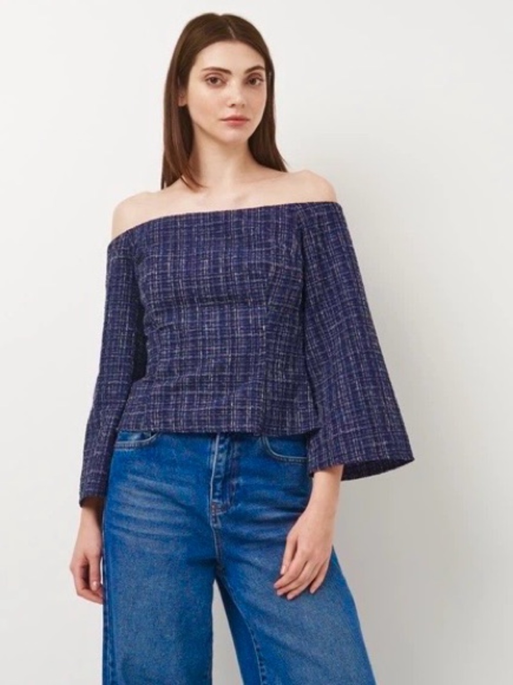 NWT ZARA Off The Shoulder Tweed Crop Top XL Navy Blue White Flare Sleeve Elegant